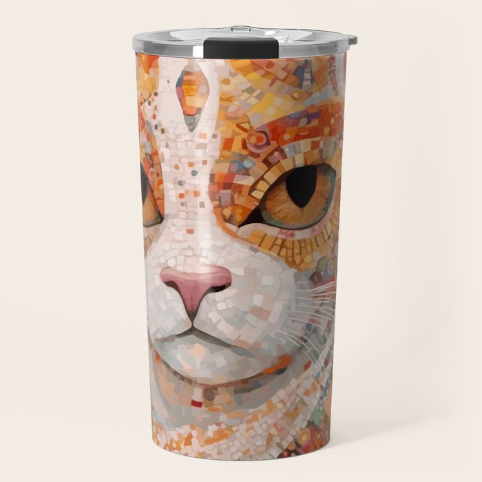 Gustav Klimt Style Tabby Cat with Colorful Geometric Robe Travel Mug Gallery Image 1