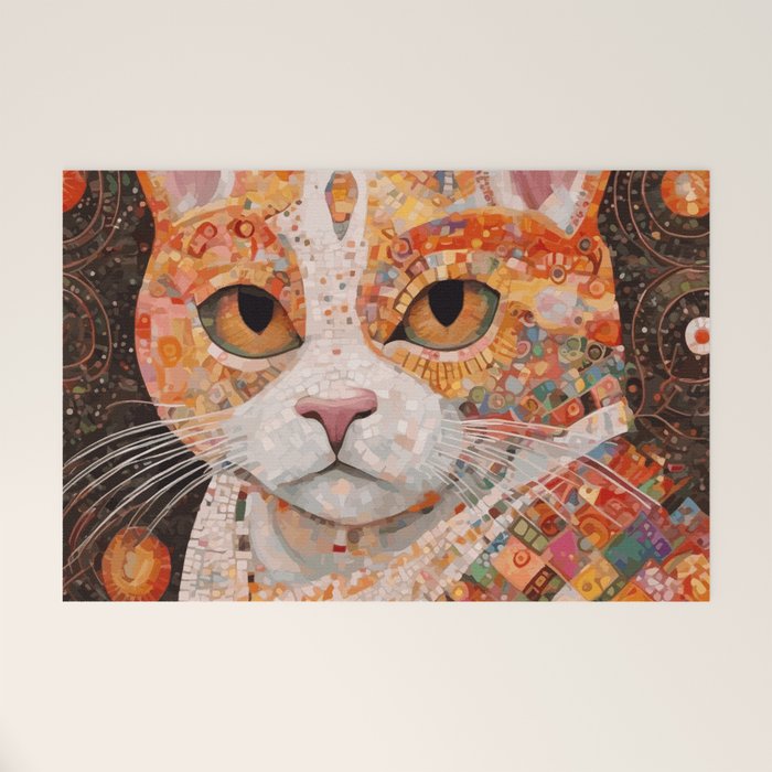 Gustav Klimt Style Tabby Cat with Colorful Geometric Robe Welcome Mat Gallery Image 1