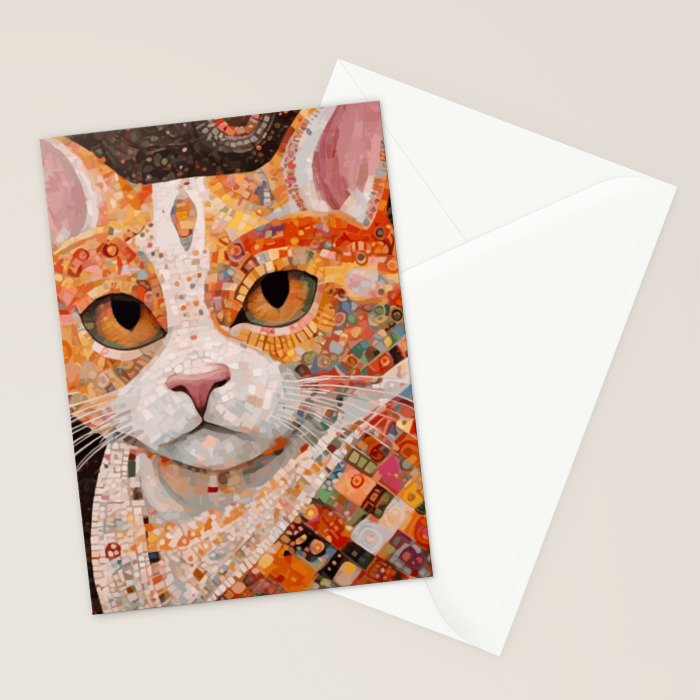 Gustav Klimt Style Tabby Cat with Colorful Geometric Robe Stationery Card Gallery Image 2