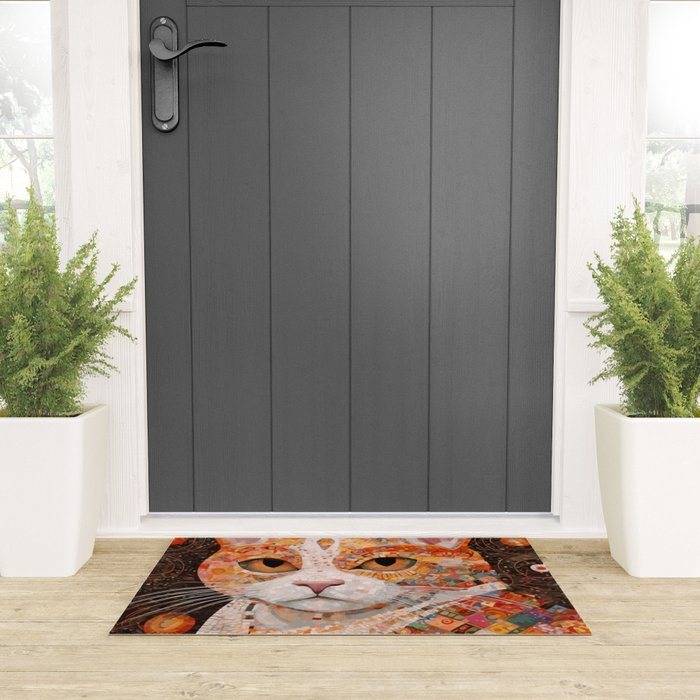 Gustav Klimt Style Tabby Cat with Colorful Geometric Robe Welcome Mat Gallery Image 3