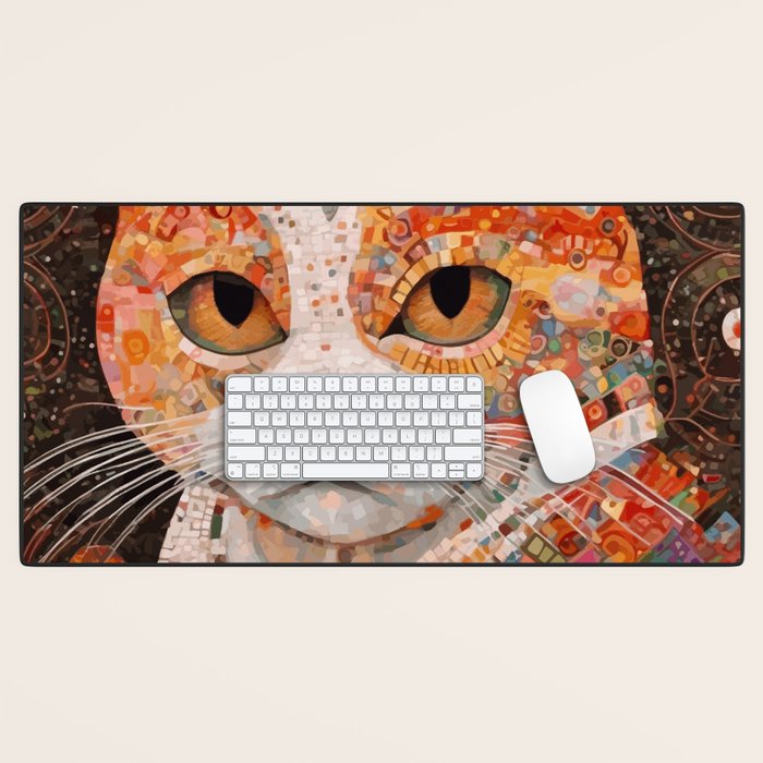 Gustav Klimt Style Tabby Cat with Colorful Geometric Robe Desk Mat Gallery Image 1