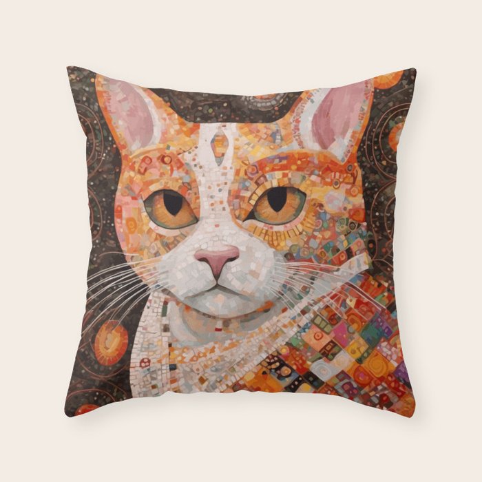 Gustav Klimt Style Tabby Cat with Colorful Geometric Robe Throw Pillow Gallery Image 6