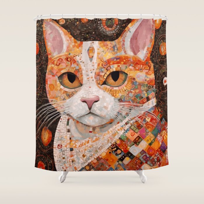 Gustav Klimt Style Tabby Cat with Colorful Geometric Robe Shower Curtain Gallery Image 1