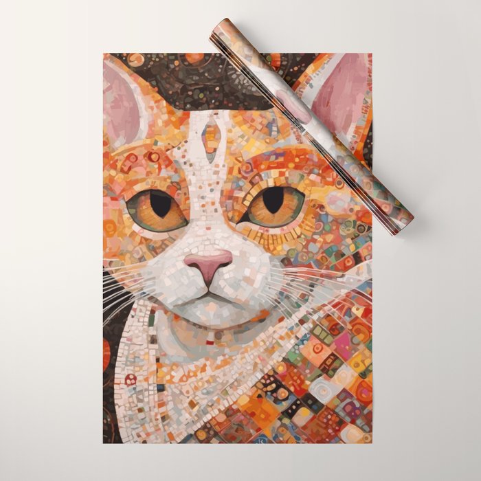 Gustav Klimt Style Tabby Cat with Colorful Geometric Robe Wrapping Paper Gallery Image 1
