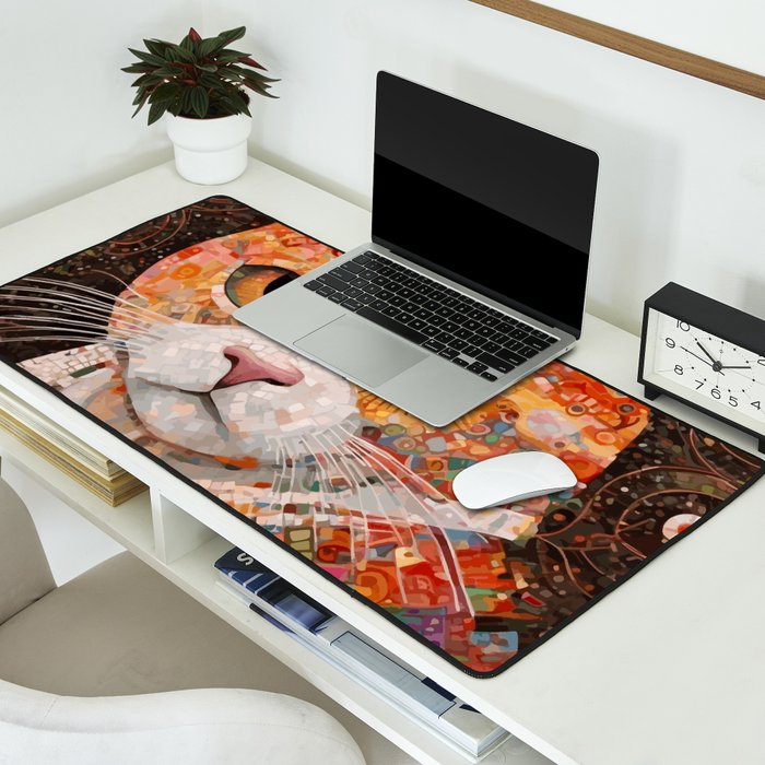 Gustav Klimt Style Tabby Cat with Colorful Geometric Robe Desk Mat Gallery Image 2