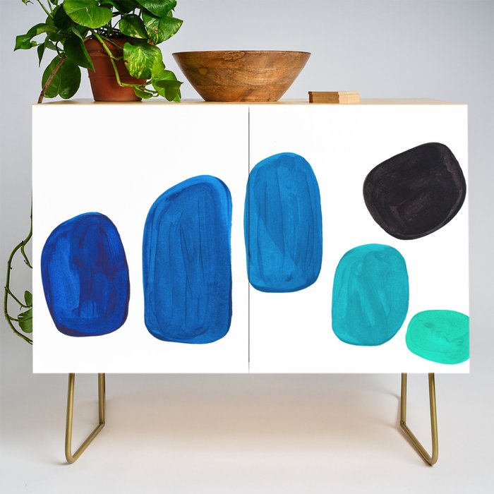 Colorful Mid Century Modern Pop Art Minimalist Style Teal Blue Aquamarine Bubbles White Background Credenza Gallery Image 1