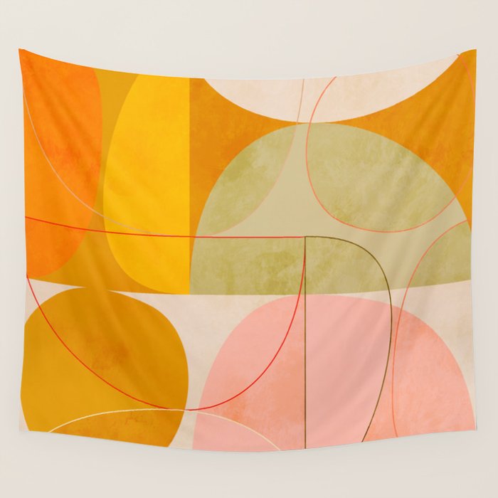 mid century geometric lines curry pink abstract art Wall Tapestry Gallery Image 1
