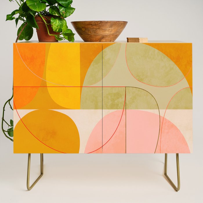 mid century geometric lines curry pink abstract art Credenza Gallery Image 1