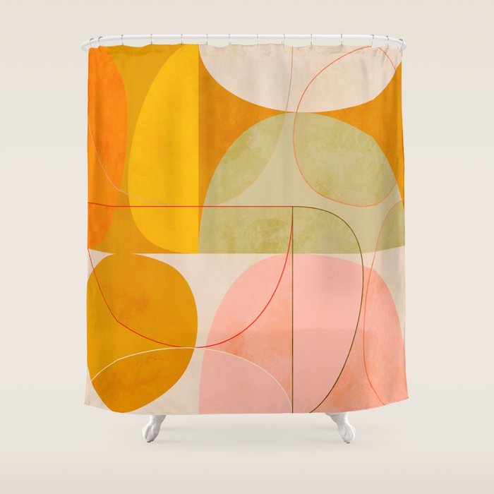 mid century geometric lines curry pink abstract art Shower Curtain Gallery Image 1
