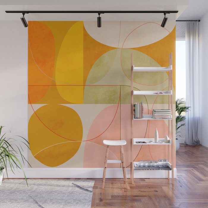 mid century geometric lines curry pink abstract art Wall Mural Gallery Image 1