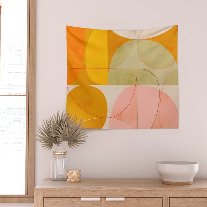 mid century geometric lines curry pink abstract art Wall Tapestry Gallery Image 2