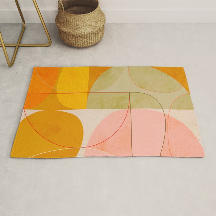 mid century geometric lines curry pink abstract art Rug Gallery Image 1