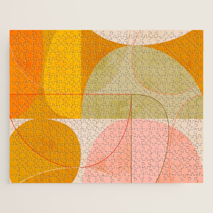 mid century geometric lines curry pink abstract art Jigsaw Puzzle Gallery Image 1