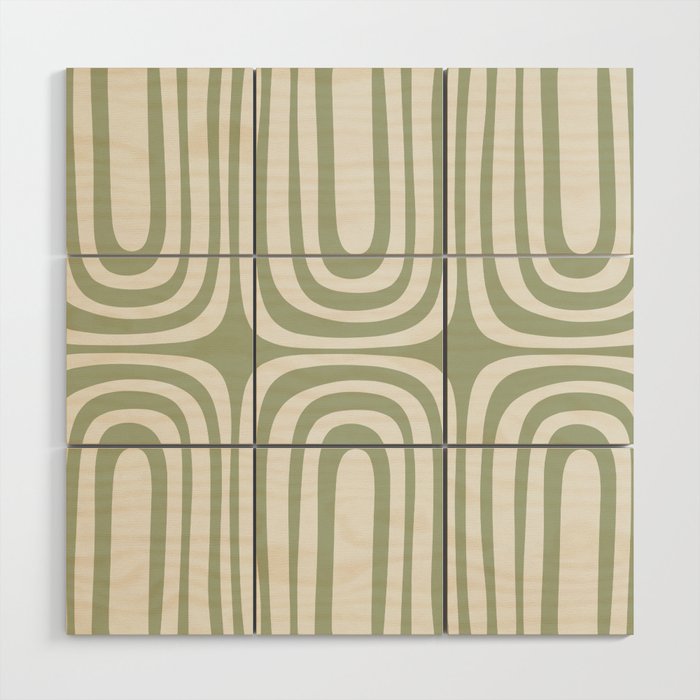 Midcentury Modern Confaab Abstract Pattern in Sage Green and Off White Wood Wall Art Gallery Image 1