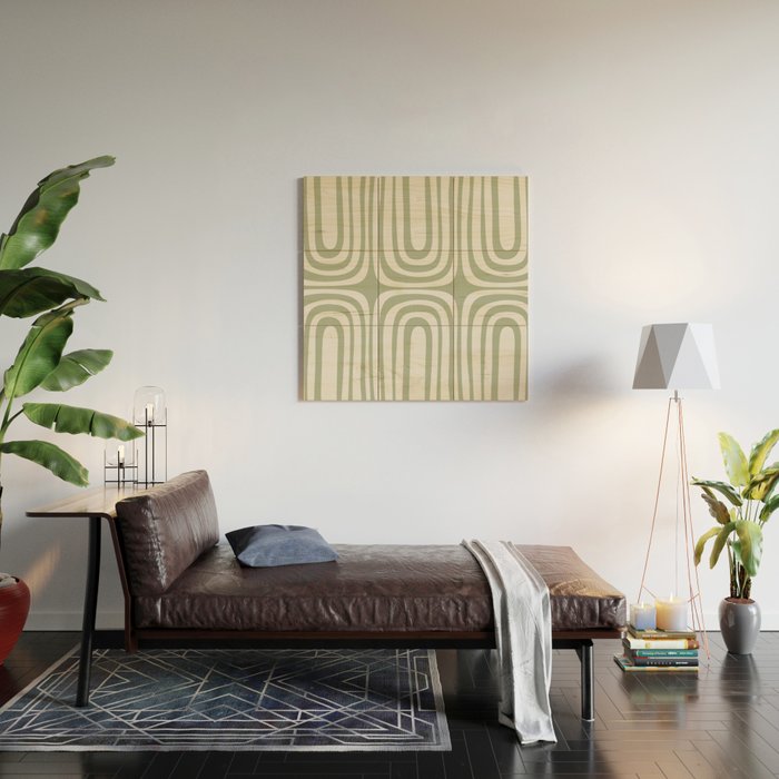 Midcentury Modern Confaab Abstract Pattern in Sage Green and Off White Wood Wall Art Gallery Image 2