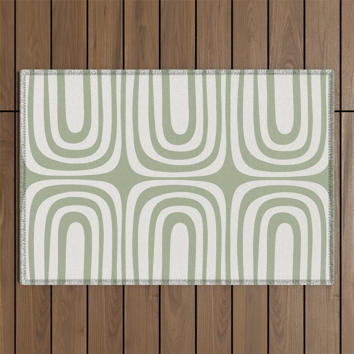 Midcentury Modern Confaab Abstract Pattern in Sage Green and Off White Outdoor Rug Gallery Image 1