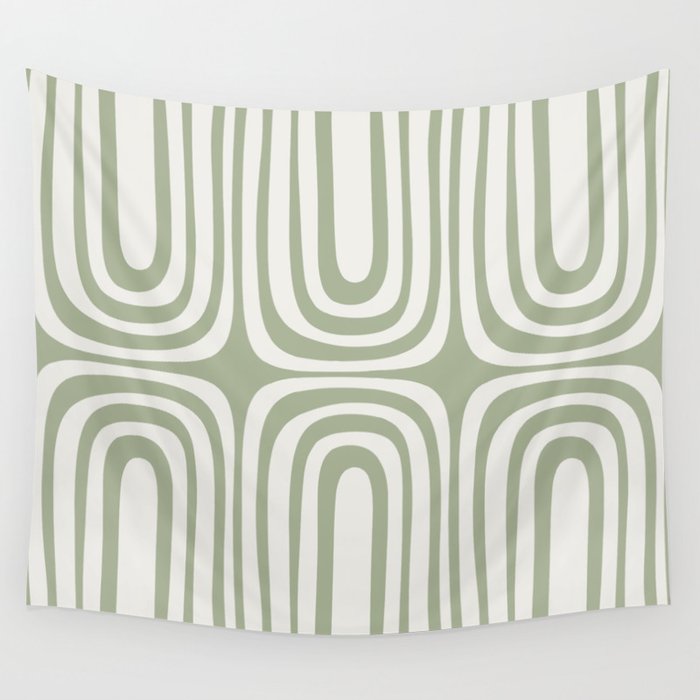 Midcentury Modern Confaab Abstract Pattern in Sage Green and Off White Wall Tapestry Gallery Image 4