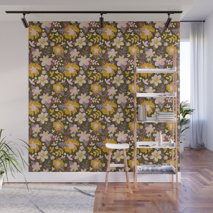 Hibiscus retro pattern Wall Mural Gallery Image 1