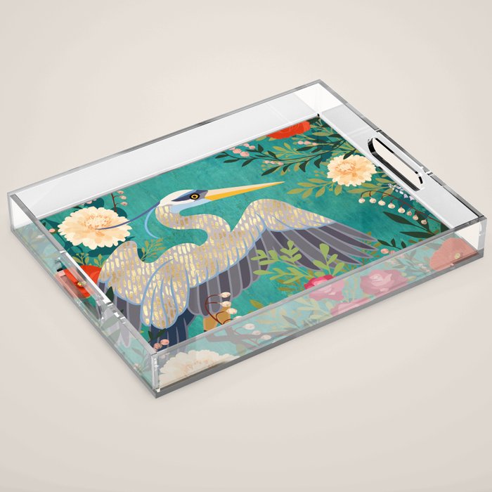 Bohemian Floral Heron Acrylic Tray Gallery Image 1