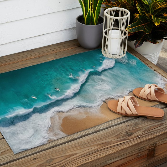 Surfers at Shore - Aerial Beach Photography Outdoor Rug Gallery Image 2