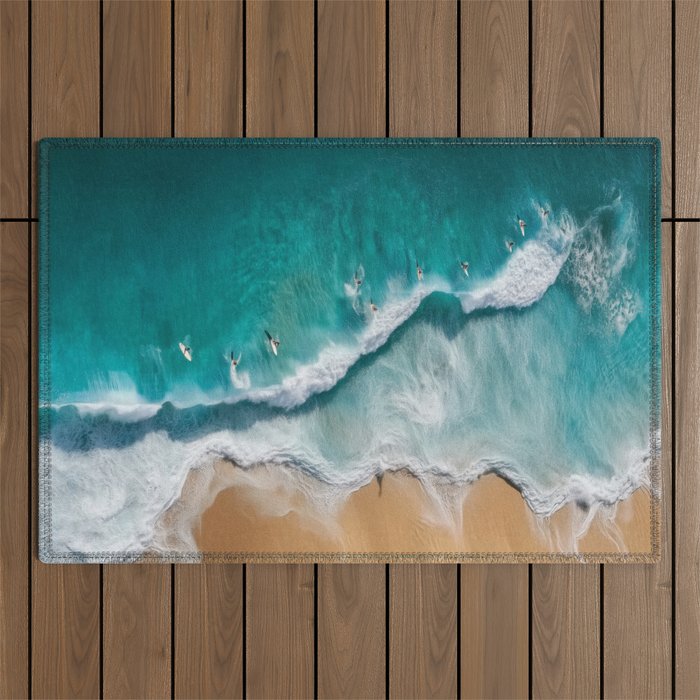 Surfers at Shore - Aerial Beach Photography Outdoor Rug Gallery Image 1