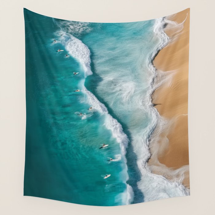 Surfers at Shore - Aerial Beach Photography Wall Tapestry Gallery Image 4