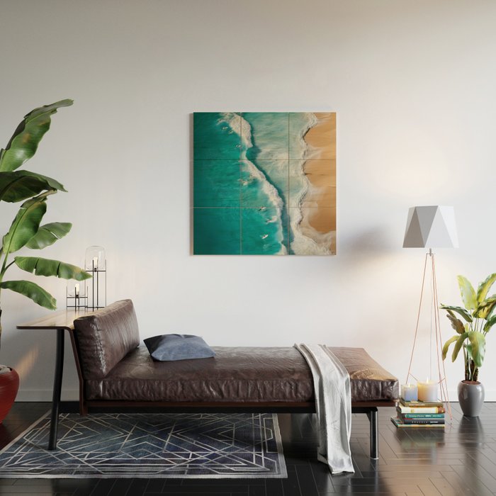 Surfers at Shore - Aerial Beach Photography Wood Wall Art Gallery Image 2