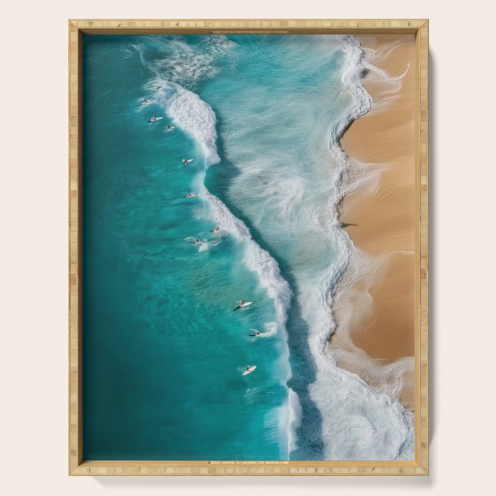 Surfers at Shore - Aerial Beach Photography Serving Tray Gallery Image 1