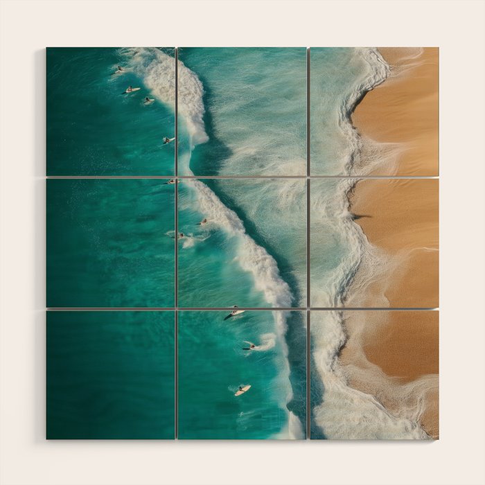 Surfers at Shore - Aerial Beach Photography Wood Wall Art Gallery Image 1