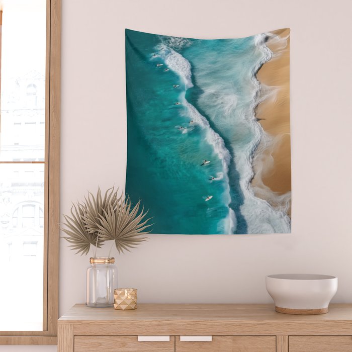 Surfers at Shore - Aerial Beach Photography Wall Tapestry Gallery Image 2