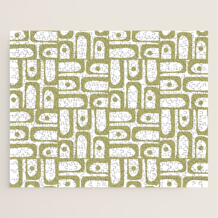 Mid Century Modern Piquet Geometric Pattern in Split Pea Green and White Jigsaw Puzzle Gallery Image 1