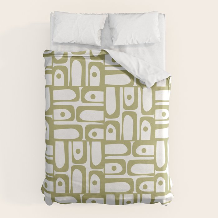 Mid Century Modern Piquet Geometric Pattern in Split Pea Green and White Duvet Cover Gallery Image 1