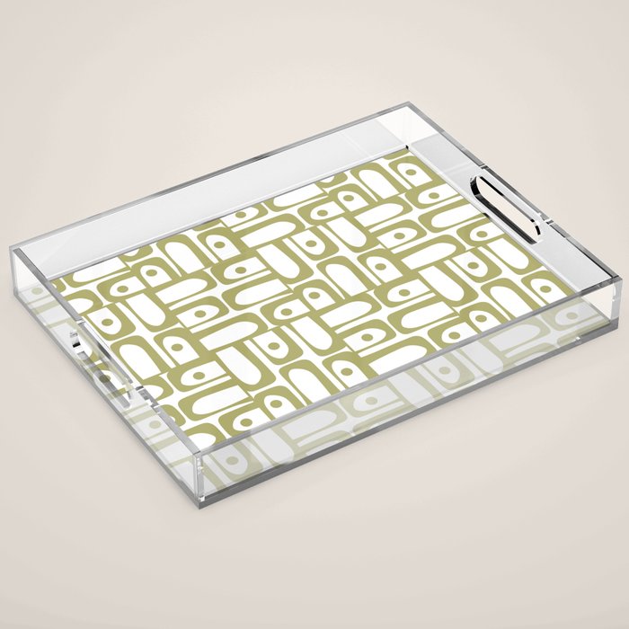 Mid Century Modern Piquet Geometric Pattern in Split Pea Green and White Acrylic Tray Gallery Image 1