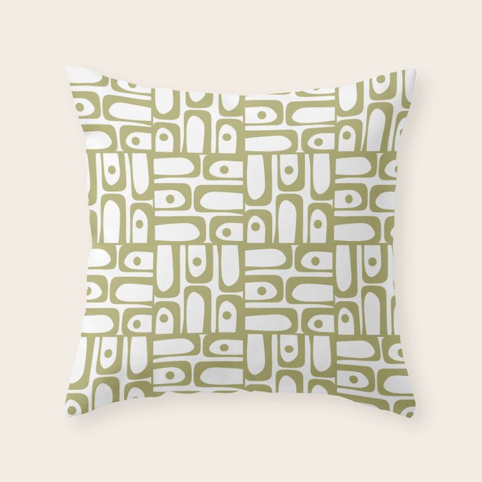Mid Century Modern Piquet Geometric Pattern in Split Pea Green and White Throw Pillow Gallery Image 1