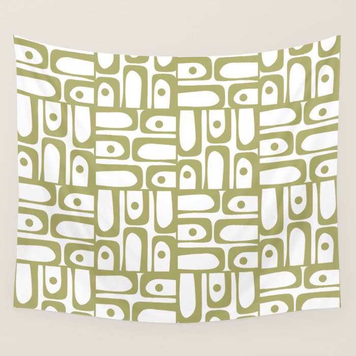 Mid Century Modern Piquet Geometric Pattern in Split Pea Green and White Wall Tapestry Gallery Image 4