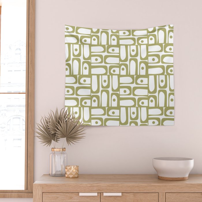 Mid Century Modern Piquet Geometric Pattern in Split Pea Green and White Wall Tapestry Gallery Image 2