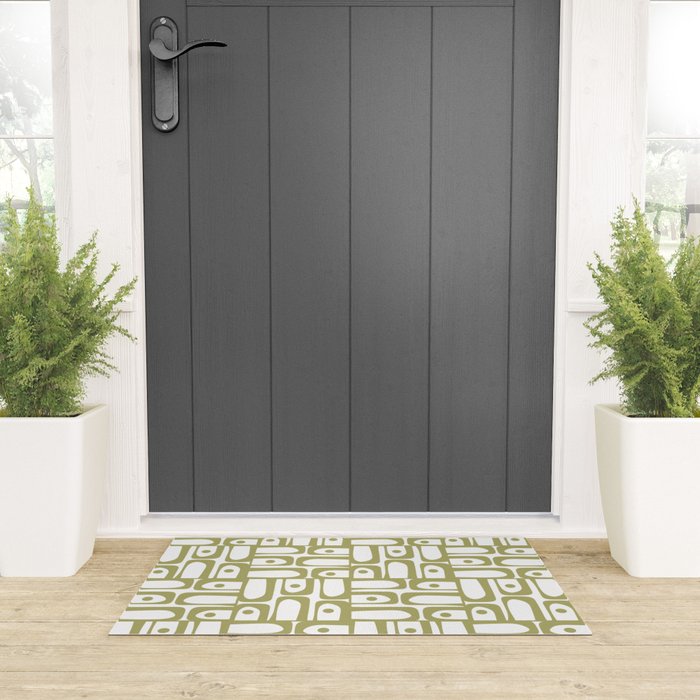 Mid Century Modern Piquet Geometric Pattern in Split Pea Green and White Welcome Mat Gallery Image 3