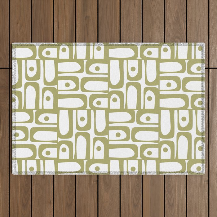 Mid Century Modern Piquet Geometric Pattern in Split Pea Green and White Outdoor Rug Gallery Image 1
