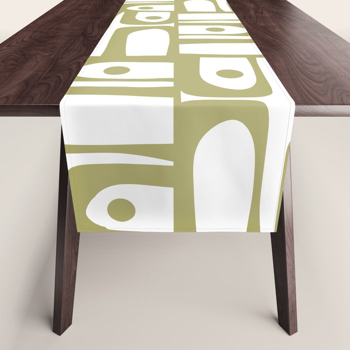 Mid Century Modern Piquet Geometric Pattern in Split Pea Green and White Table Runner Gallery Image 1