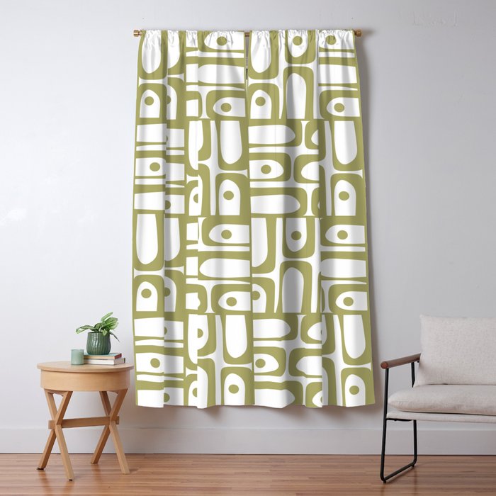 Mid Century Modern Piquet Geometric Pattern in Split Pea Green and White Window Curtain Gallery Image 1