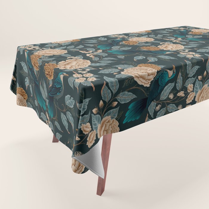 Spring Song - Dark Teal Birds and Floral Print Tablecloth Gallery Image 1