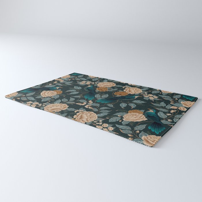 Spring Song - Dark Teal Birds and Floral Print Rug Gallery Image 3