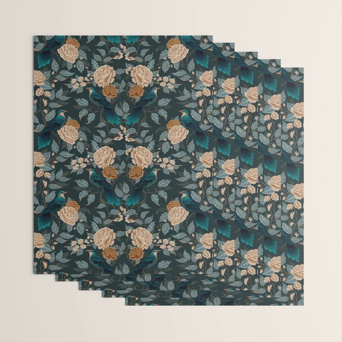 Spring Song - Dark Teal Birds and Floral Print Wrapping Paper Gallery Image 3