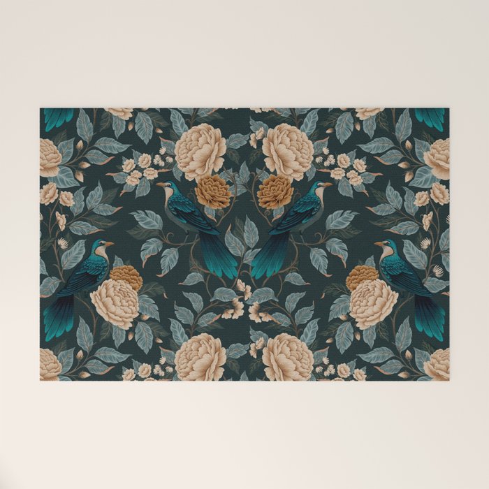 Spring Song - Dark Teal Birds and Floral Print Welcome Mat Gallery Image 1