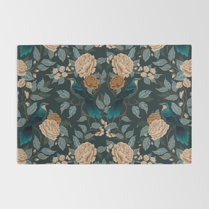 Spring Song - Dark Teal Birds and Floral Print Rug Gallery Image 2