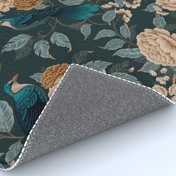 Spring Song - Dark Teal Birds and Floral Print Rug Gallery Image 4