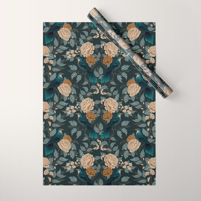 Spring Song - Dark Teal Birds and Floral Print Wrapping Paper Gallery Image 1