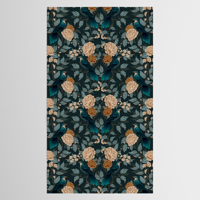 Spring Song - Dark Teal Birds and Floral Print Tablecloth Gallery Image 2