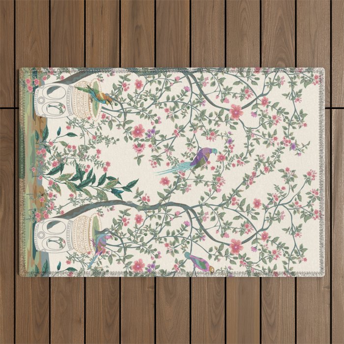 Chinoiserie Lemon Fresco Floral Garden Birds Oriental Botanical Outdoor Rug Gallery Image 1