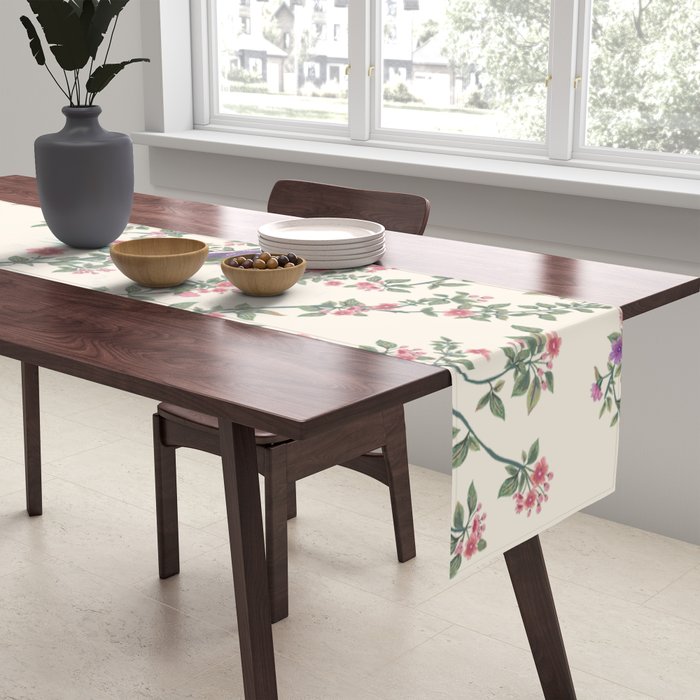 Chinoiserie Lemon Fresco Floral Garden Birds Oriental Botanical Table Runner Gallery Image 2